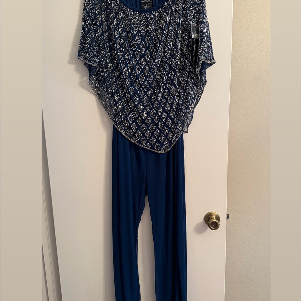 Chic Pisarro Nights Blue Jumpsuit with Beaded Overlay Asymmetrical Hem NWT